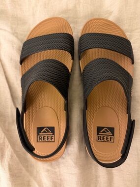Reef Two-Strap Black and Tan Slide Sandals